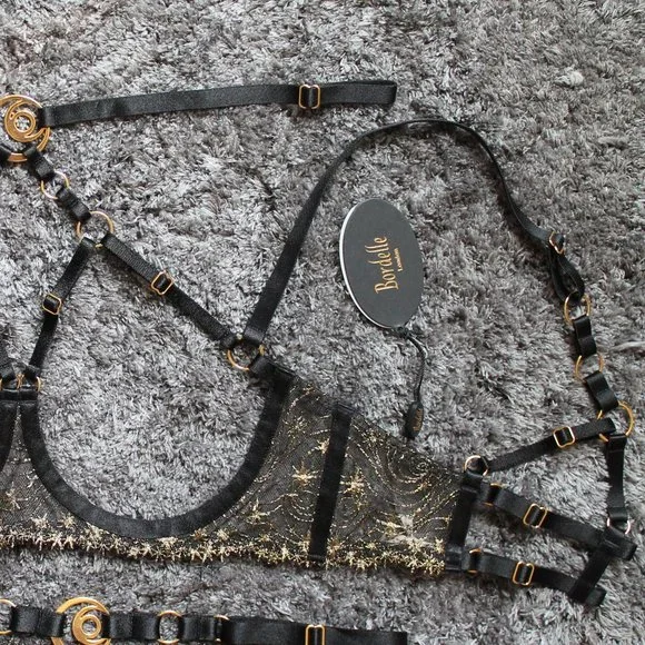 SOLD Bordelle Selene Open Ouvert Wire Bra Thong set Black Gold star embroidery - Picture 4 of 12